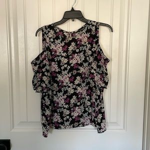 Women’s shoulder cut out blouse - black and purple floral - size L Express